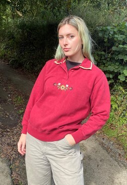 Vintage 80s Size M Floral Embroidered Sweatshirt in Red