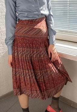 Vintage 70's Red Patterned Pleated Midi High Waisted Skirt