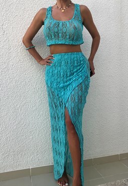 Split Maxi Skirt Co-Ord in Turquoise Lace