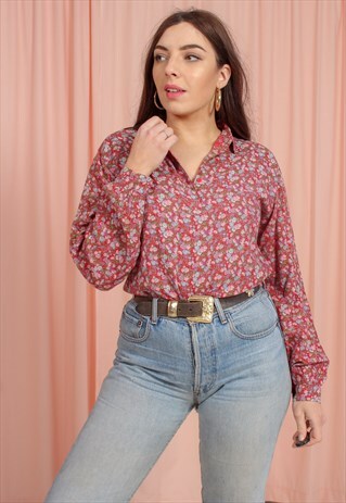 VINTAGE 70S BLOUSE IN RED FLORAL PRINT