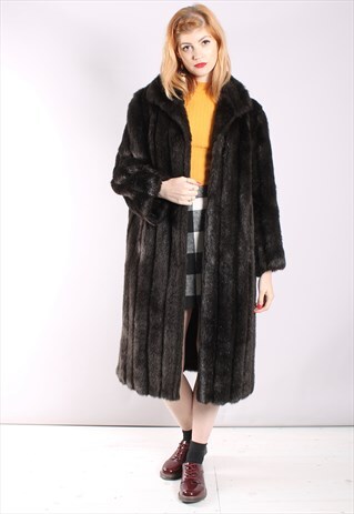 VINTAGE 80S DARK BROWN LONG FAUX FUR COAT