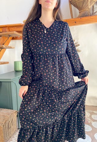 Vintage 90's Black Ditzy Floral Print Maxi Dress -  M