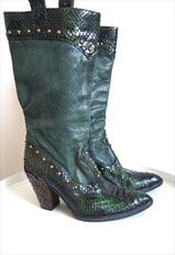 Vintage Green Genuine Leather Cowboy Western Boots Shoes