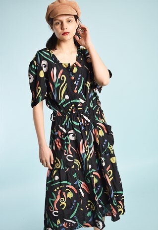 VINTAGE 80'S RETRO ABSTRACT FLORAL PRINT MIDI DRESS