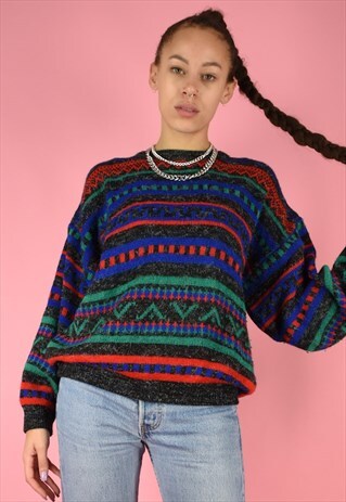 VINTAGE 90S KNIT JUMPER GRAPHIC PATTERN GREY RED BLUE