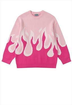 Flame sweater knitted grunge jumper raver top in neon pink 