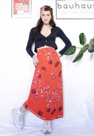 90S GRUNGE Y2K VINTAGE ORANGE FLORAL SLIP SUMMER MAXI SKIRT