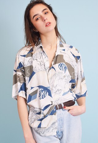 90'S RETRO ABSTRACT PRINT OVERSIZED SHIRT BLOUSE TOP