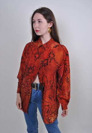 ABSTRACT PRINT ORANGE BLOUSE, VINTAGE PLUS SIZE SHIRT