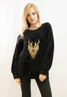 Fluffy Christmas Jumper with Embroidered Reindeer in Black