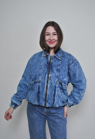 DENIM BOMBER JACKET VINTAGE GRUNGE TRUCKER JACKET - LARGE