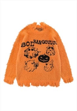 Ghost print sweater spooky jumper Halloween pullover orange