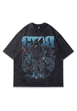 Wolves t-shirt rapper print tee hip-hop top in vintage grey