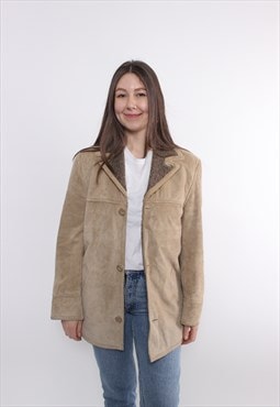 90s leather overcoat, vintage beige color casual fall coat