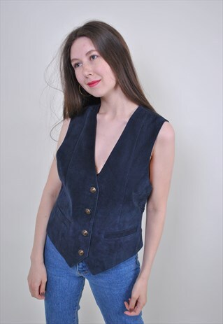 VINTAGE LEATHER VEST, UNISEX BLUE SUIT VEST