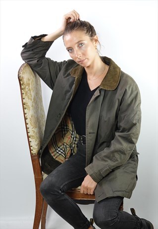 VINTAGE BURBERRY COAT GREEN CORDUROY COLLAR MEDIUM WOMEN