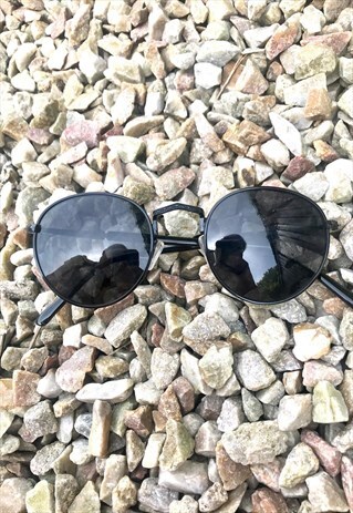 NEW POLISHED BLACK ROUND METAL REFLECTIVE SUNGLASSES
