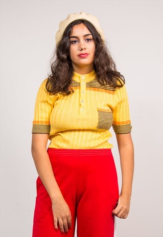 70'S RETRO YELLOW RIBBED KNIT BUTTON TOP