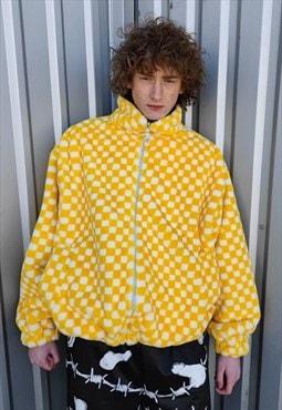 Reversible check fleece jacket handmade chess coat yellow