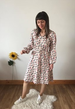 Vintage Cream with Navy & Pink Dots Midi Dress