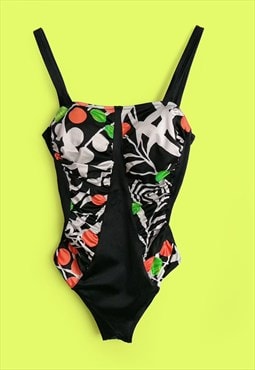 Vintage 90's Retro Swimsuit Floral Print Black Green