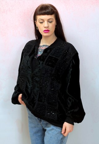 1980S VINTAGE OVERSIZED VELVETEEN AND SEQUIN BOMBER JACKET