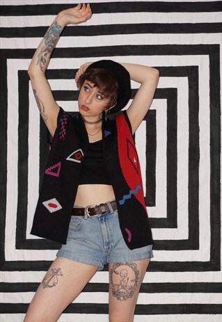 VINTAGE 80'S ABSTRACT PATTERN SLEEVELESS CARDIGAN