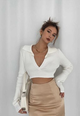 White V Neck Cropped Long Sleeve Knitted Top