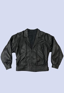 Vintage 80s Black Leather Jacket Collared Bomber Mens Retro