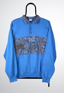 Vintage Sweatshirt Patterned Polo Neck Blue Medium