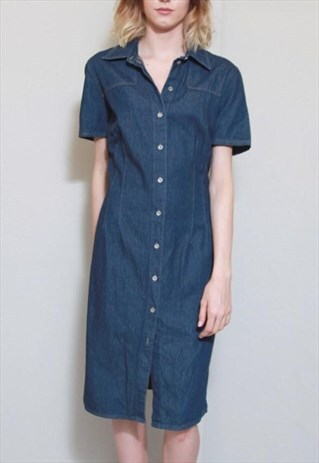 VINTAGE 1990'S DARK BLUE COTTON MIDI BUTTON FRONT DRESS