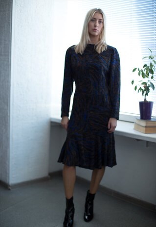 VINTAGE 60'S KNITTED PATTERNED GLOSSY MIDI DRESS