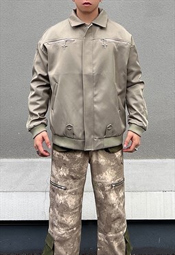 Army Green Zip details bomber Baseball jacket 