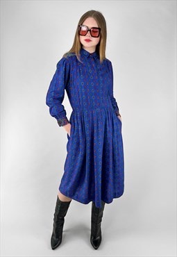 80's Vintage Blue Cotton Long Sleeve Paisley Print Dress