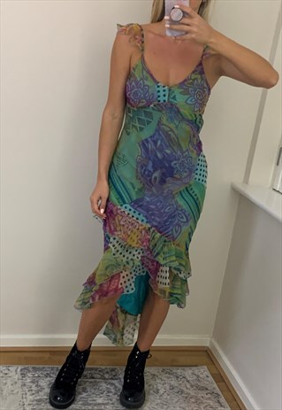 1990'S MULTI COLOURED PATCHWORK PRINT CHIFFON BIAS CUT DRESS