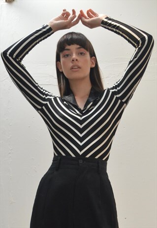 70S BLACK & WHITE STRIPE BODYSUIT THONG LEOTARD