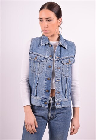 LEE WOMENS VINTAGE DENIM JACKET SLEEVELESS SMALL BLUE 90'S