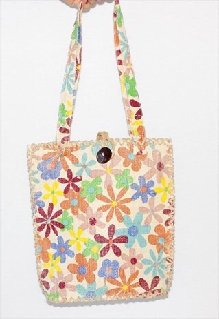 VINTAGE 90'S FLORAL STRAW HIPPIE BOHO FESTIVAL BAG