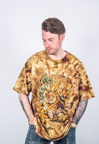 VINTAGE 1990S BROWN TIGER PRINT TIE-DYE T-SHIRT