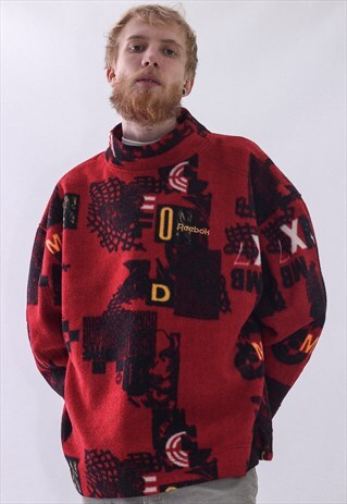 VINTAGE MENS REEBOK AZTEC LOGO FLEECE TURTLENECK SWEATER