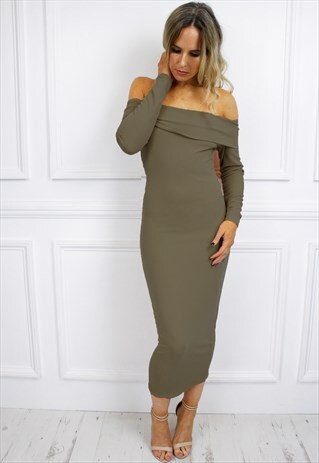 OFF SHOULDER BARDOT LONG SLEEVE MIDI MAXI BODYCON DRES