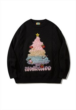 Christmas jumper tree patchwork sweater cable knitted top