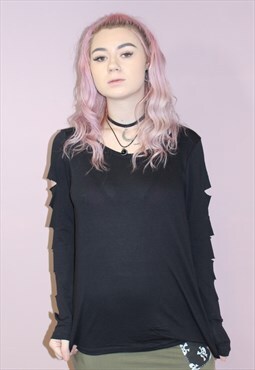 punk gothic Black long sleeve t-shirt slashed sleeves top