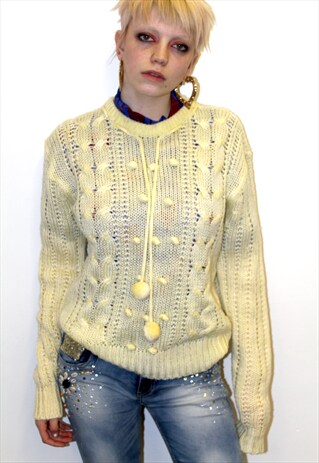 80S VINTAGE KNIT JUMPER CREAM SLOUCHY BOHO POMPOM DETAILS