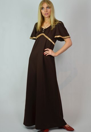 VINTAGE 70S BROWN & GOLD BOHO MAXI FESTIVAL DRESS