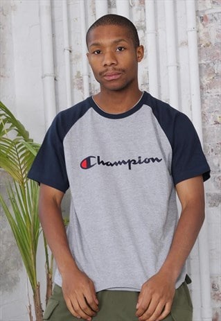 VINTAGE CHAMPION BIG LOGO SPELLOUT T-SHIRT GREY NAVY