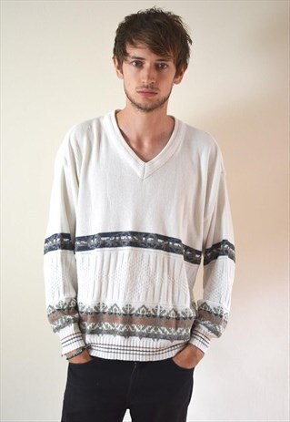 80S VINTAGE WHITE PATTERNED V NECK JUMPER