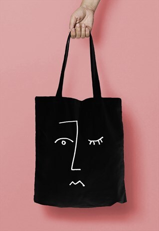 FACE LINE DRAWING PRINT COTTON TOTE BAG SHOPPER BLACK WHITE