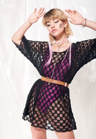 VINTAGE LACE TOP 90S SEE-THROUGH BLACK GRUNGE OVERSIZED TEE