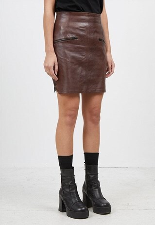VINTAGE BROWN PELLJDEA LEATHER MINI PENCIL SKIRT